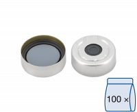 Crimp closure, N 20, alu.,pressure rel.,center hole,Butyl d.gray/PTFE gray,3.0mm Crimp closure, N 20, alu.,pressure rel.,center hole,Butyl d.gray/PTFE gray,3.0mm