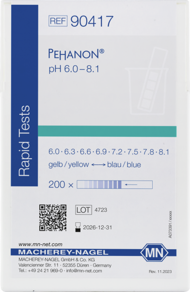 pH test strips, PEHANON 6.0–8.1, for colored samples