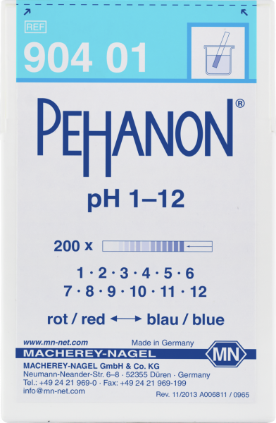 pH test strips, PEHANON 1–12, for colored samples