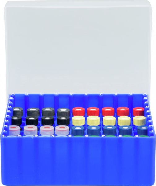 Vial container, max. diameter 12 mm, 81 pos., with lid and divider, stackable