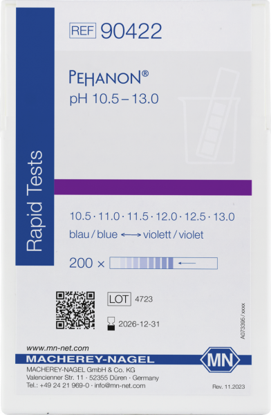 pH test strips, PEHANON 10.5–13.0, for colored samples