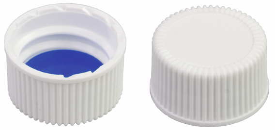 Screw closure (bonded), N 18, PP, white, closed top,Silicone w./PTFE blue, 1.3mm